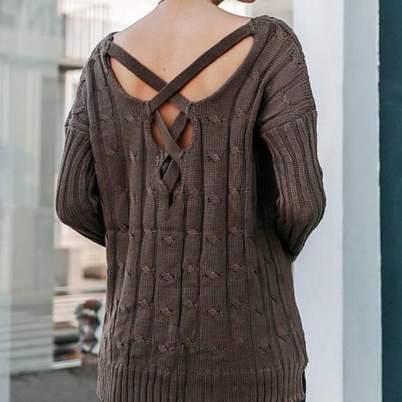 Sweaters - 38 - Cozy Brown Criss Cross Back Knit Sweater Top
